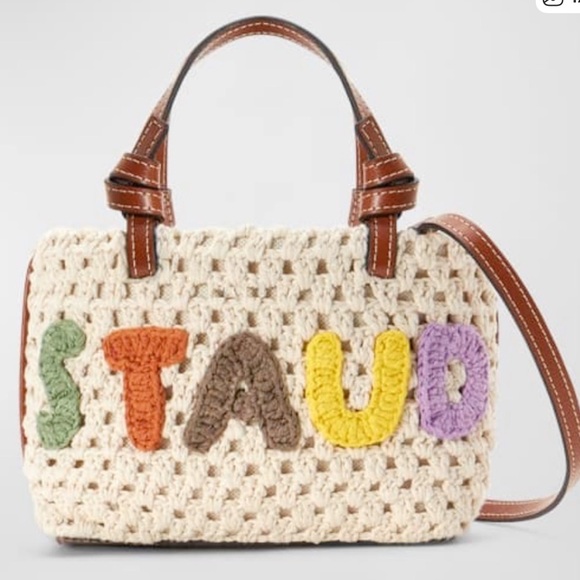 STAUD Handbags - STAUD Cream Crochet Bag with Multicolor Letters